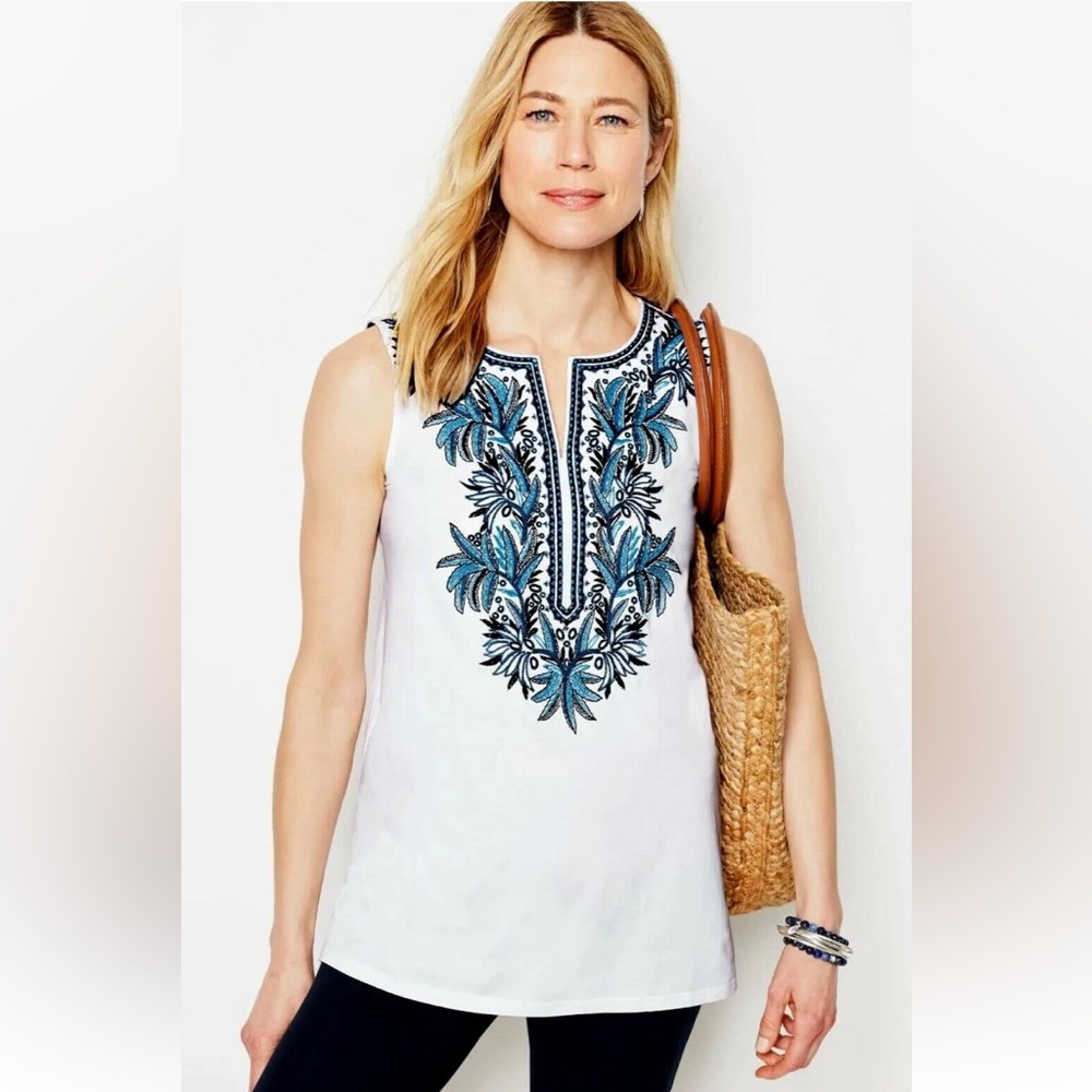 J Jill Blue Floral Embroidered Cotton Tank Top White Size XS